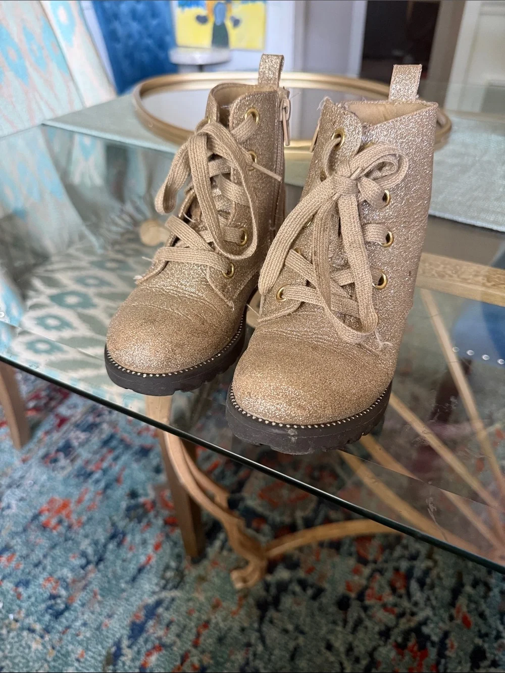 Rachel Zoe Girls Glitter Combat Boots - Champagne Gold